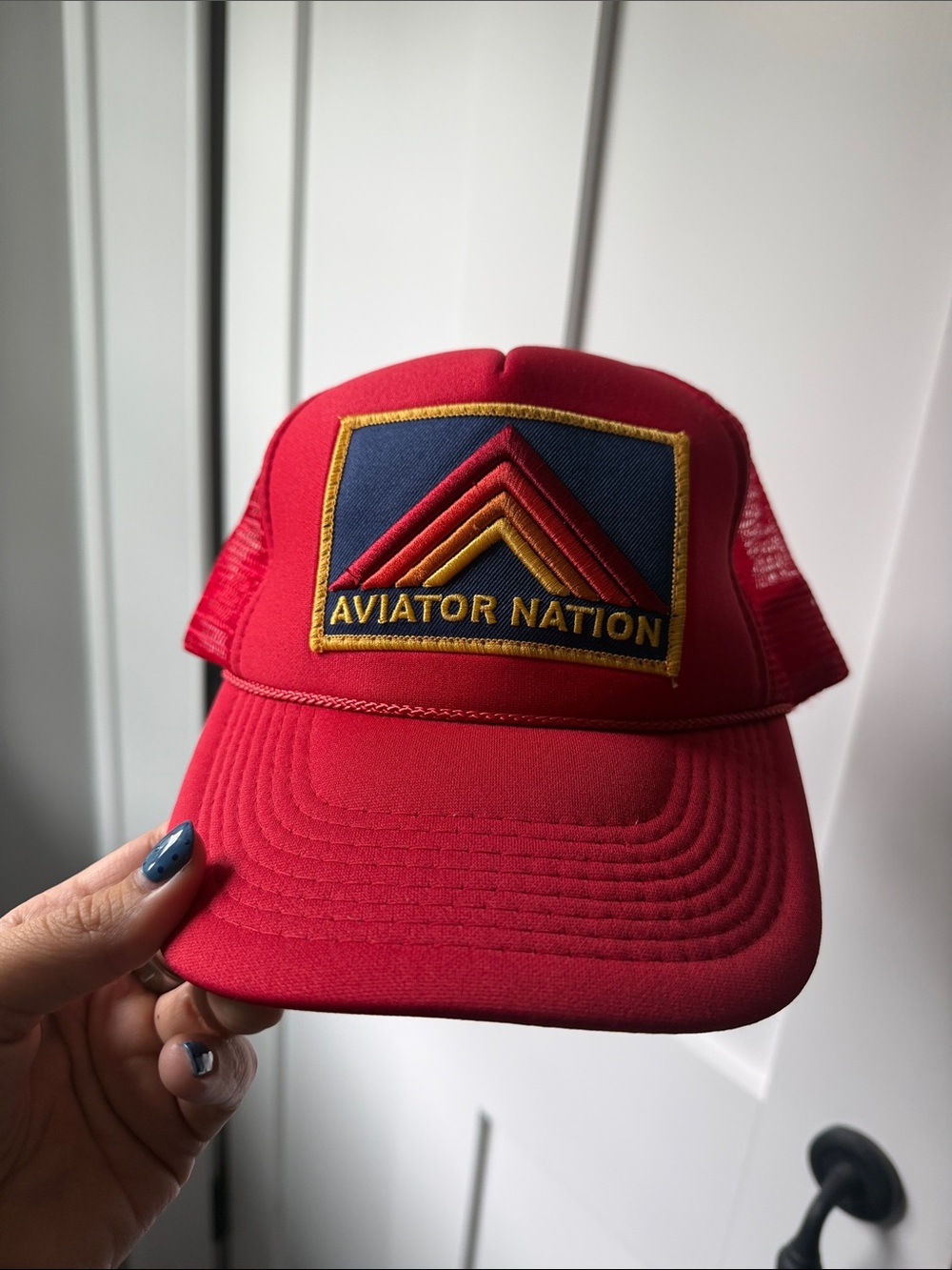 Aviator Nation Red Patch Trucker Hat with Navy & Gold Accents